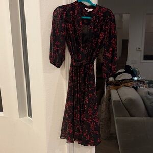 Nanette Lepore Black and Red Floral Long Sleeve Dress